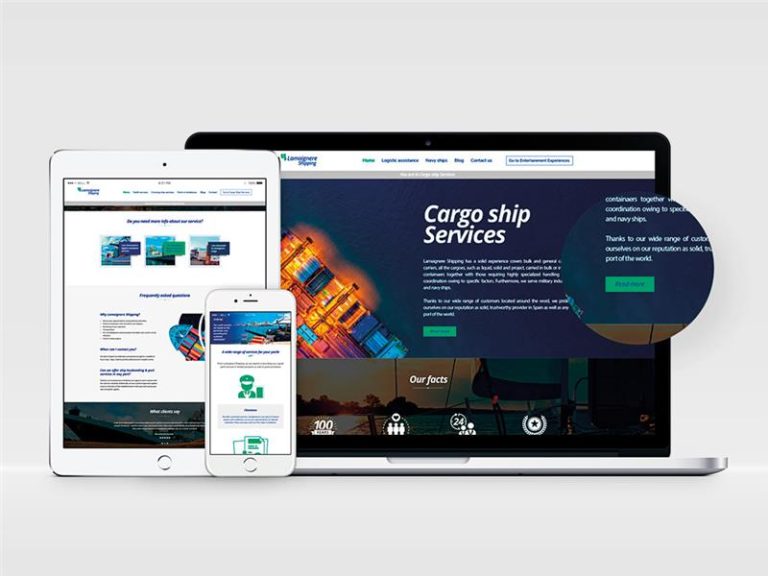 Diseño web para servicios de transporte marítimo, visible en ordenador y tablet.
